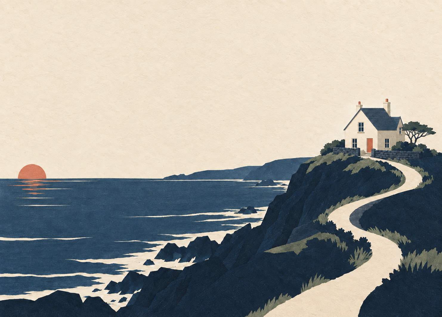Cut-paper coastal panorama with a coral sun over a deep blue sea and a small house on the right headland.