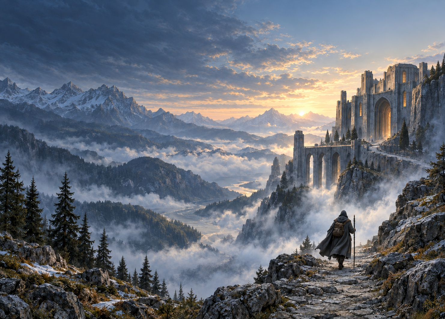 Continuous mountain panorama at sunrise with a cliff-top stone archive on the right and a misty valley on the left.