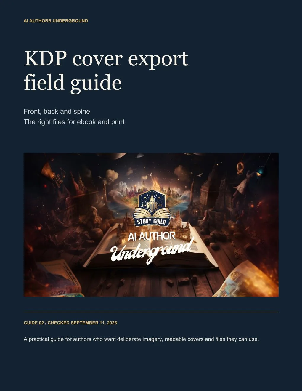 Cover page of the field guide. A dark ink page headed KDP cover export field guide, front, back and spine, with the AI Authors Underground banner image.