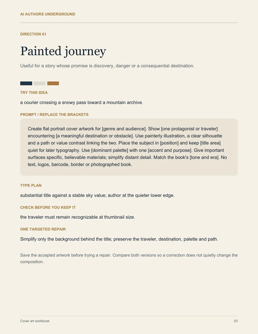Interior page headed Direction 01, Painted journey, with a worked idea, a bracketed prompt to adapt, and notes on what to review.