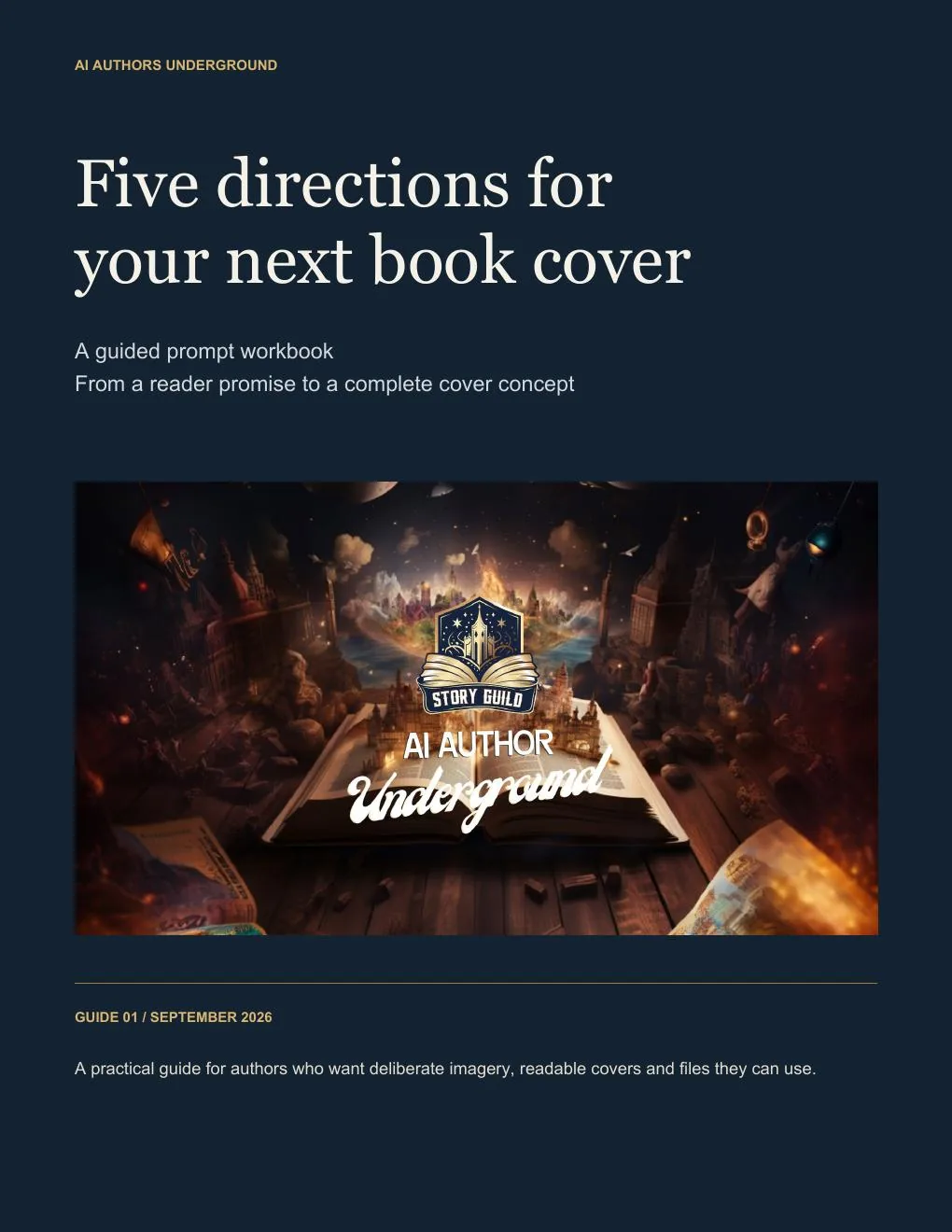 Cover page of the workbook. A dark ink page headed Five directions for your next book cover, with the AI Authors Underground banner image of an open book releasing a small lit city.